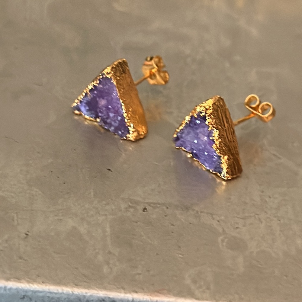 NFS RESERVE amethyst triangle shaped gold plated druzy post earrings